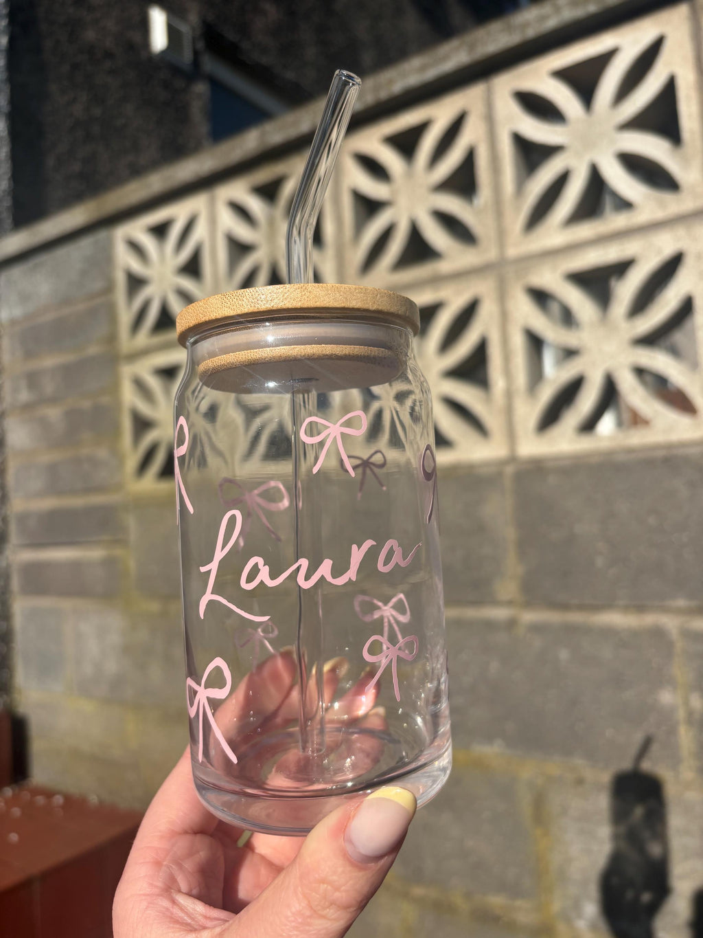 Personalised Glass Bow Tumbler with Bamboo Lid and Straw