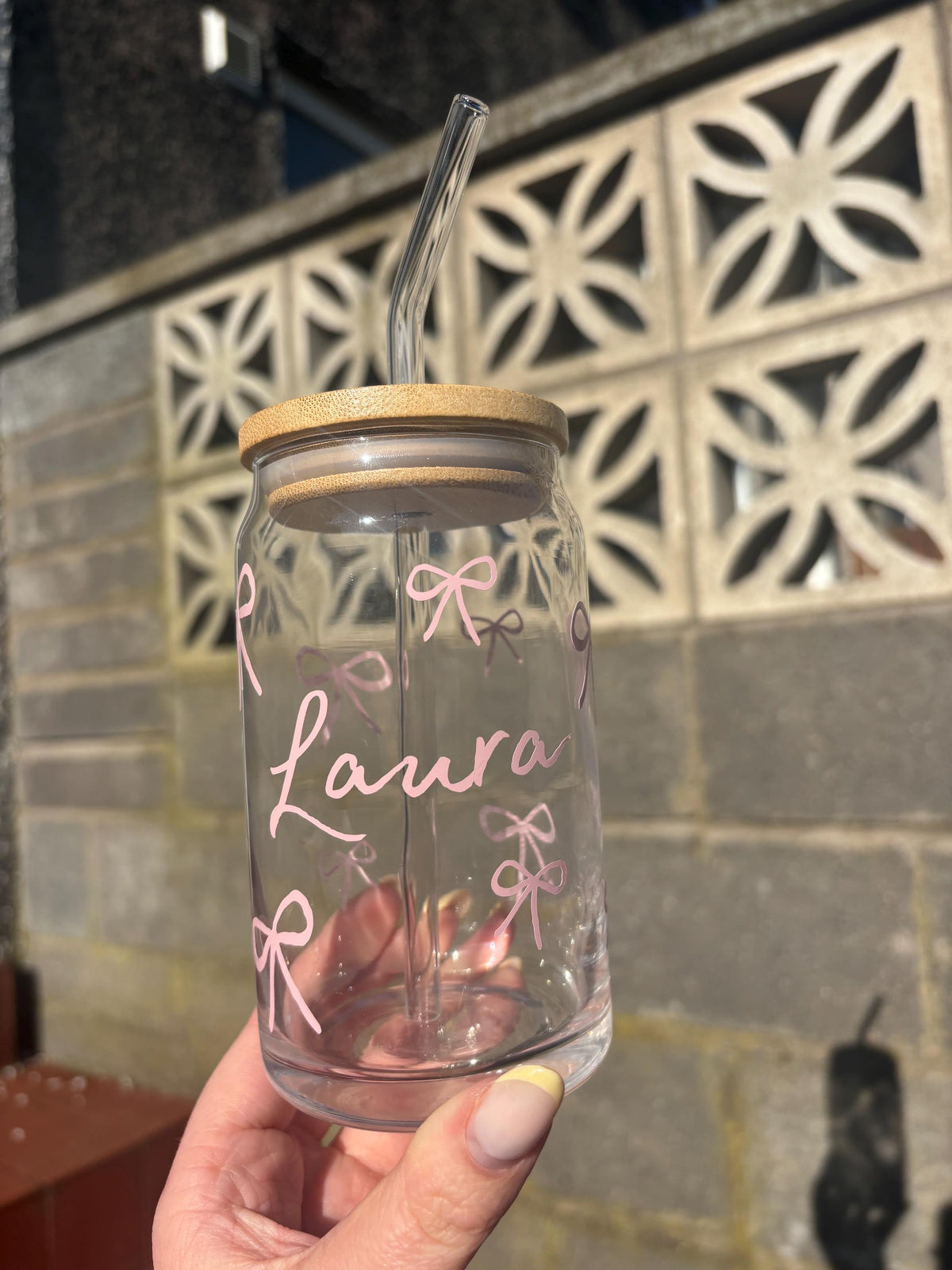 Personalised Glass Bow Tumbler with Bamboo Lid and Straw
