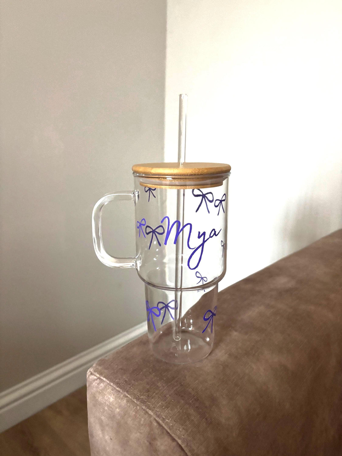 Personalised Glass Bow Tumbler with Bamboo Lid and Straw