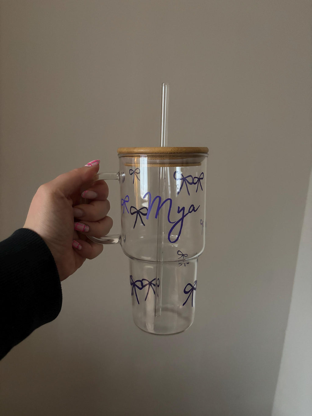 Personalised Glass Bow Tumbler with Bamboo Lid and Straw