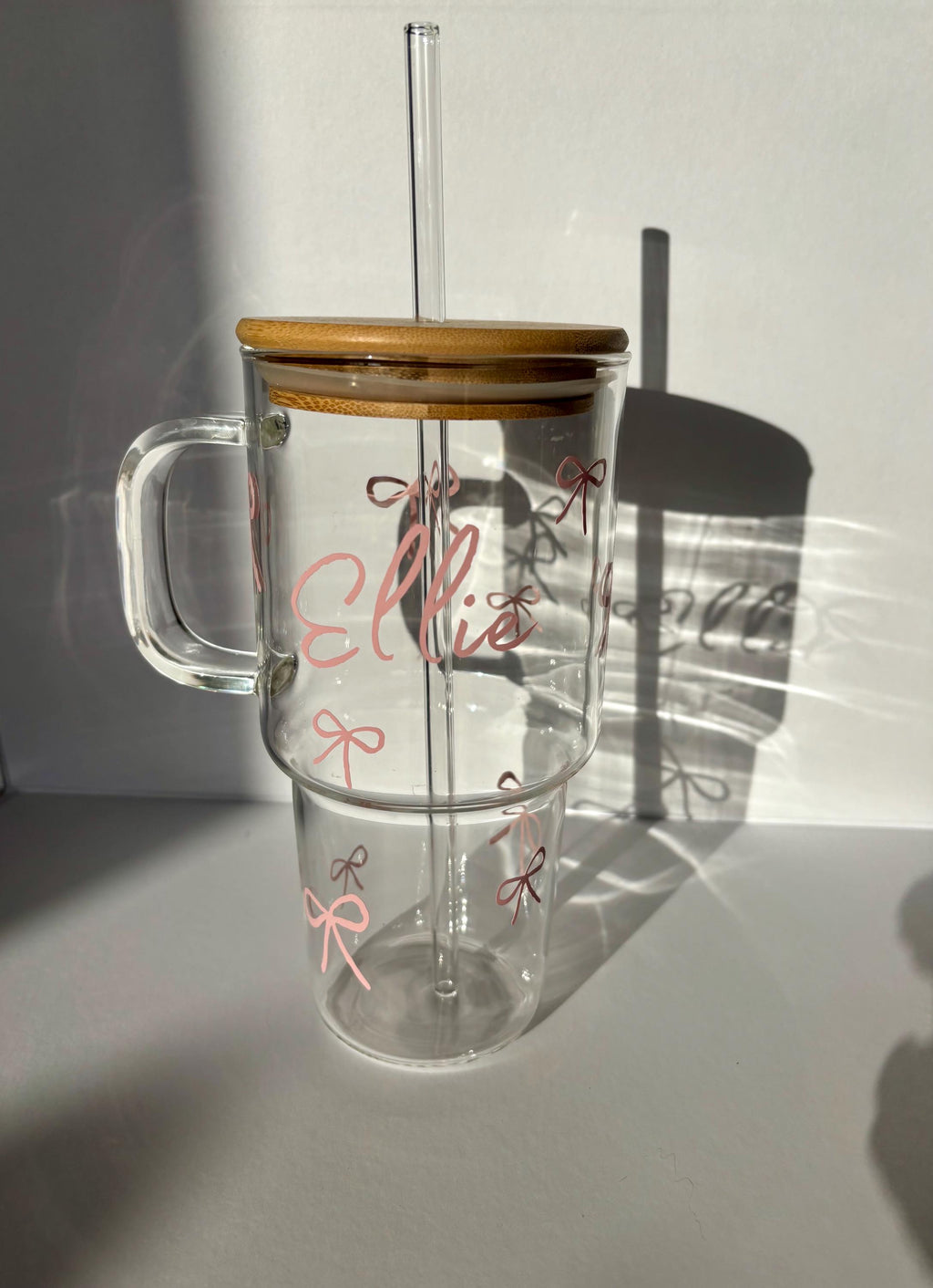 Personalised Glass Bow Tumbler with Bamboo Lid and Straw