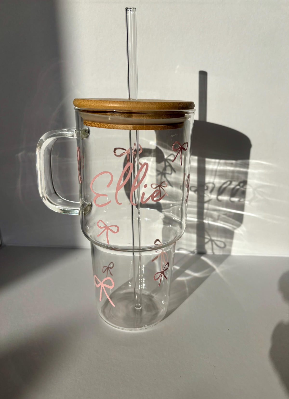 Personalised Glass Bow Tumbler with Bamboo Lid and Straw