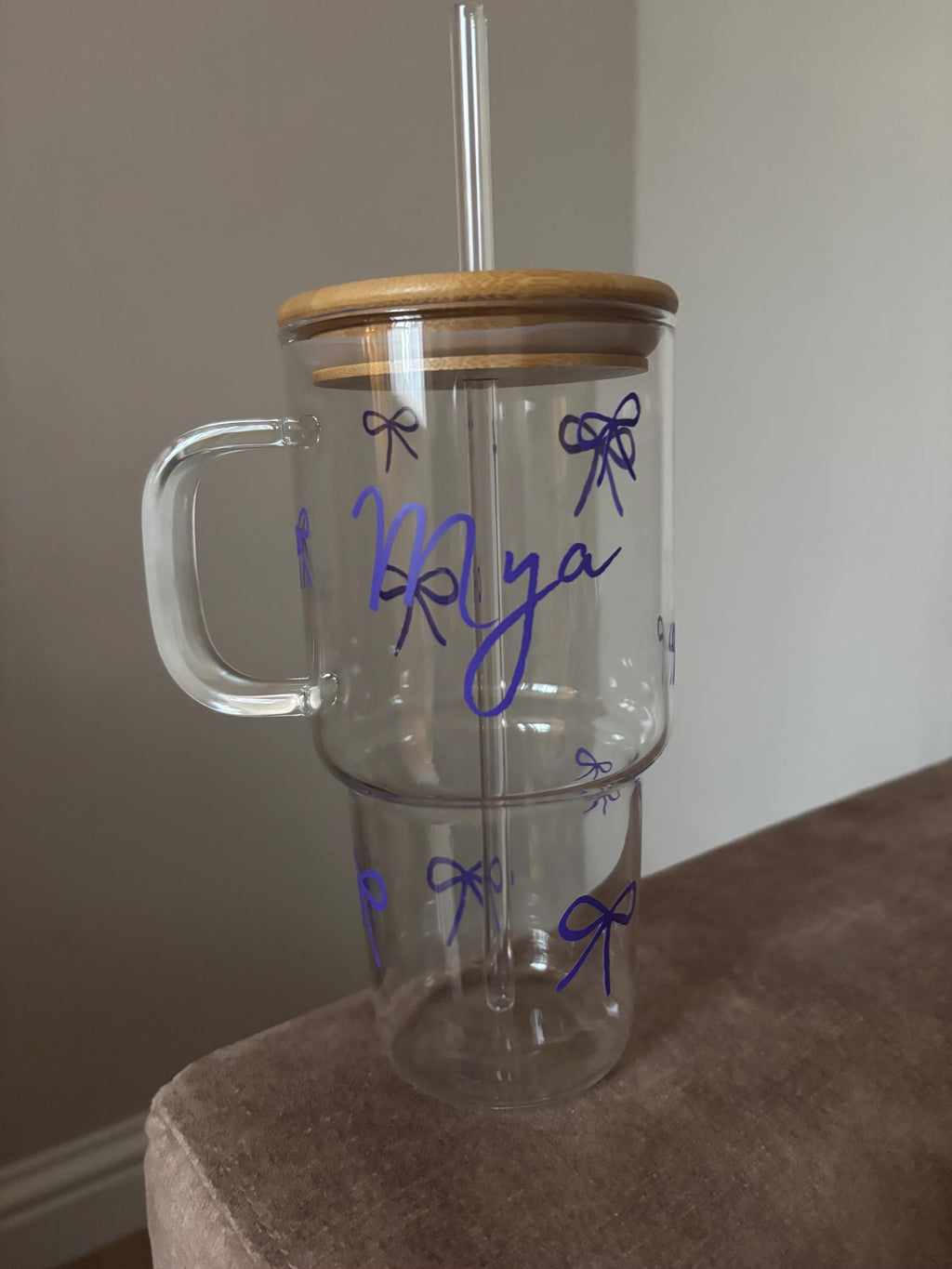 Personalised Glass Bow Tumbler with Bamboo Lid and Straw