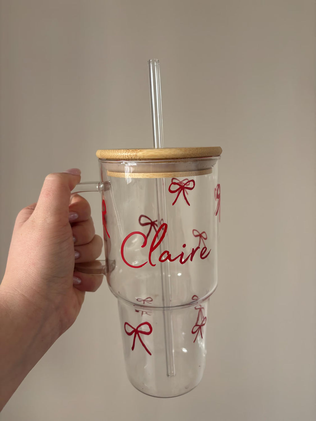 Personalised Glass Bow Tumbler with Bamboo Lid and Straw