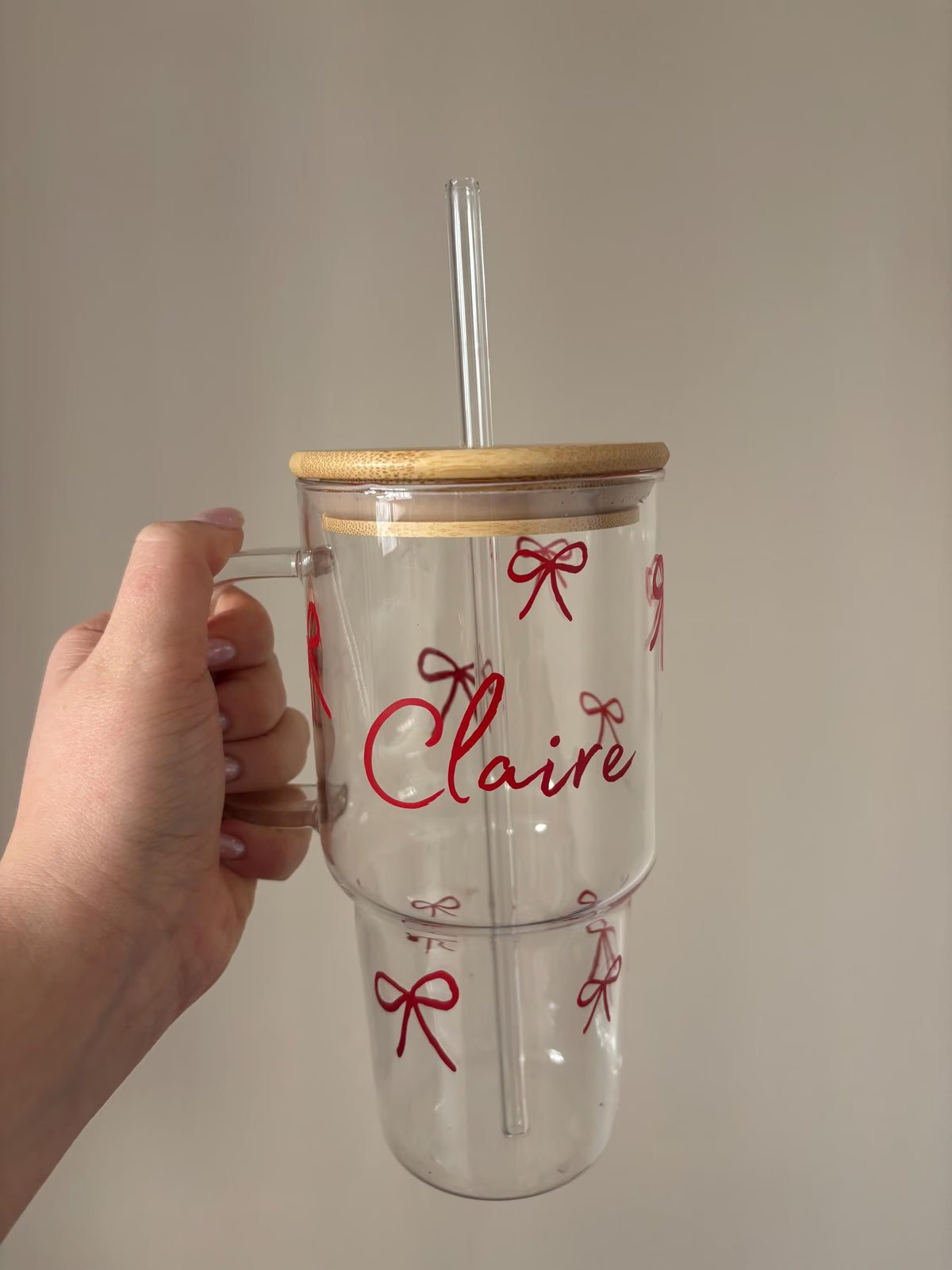 Personalised Glass Bow Tumbler with Bamboo Lid and Straw