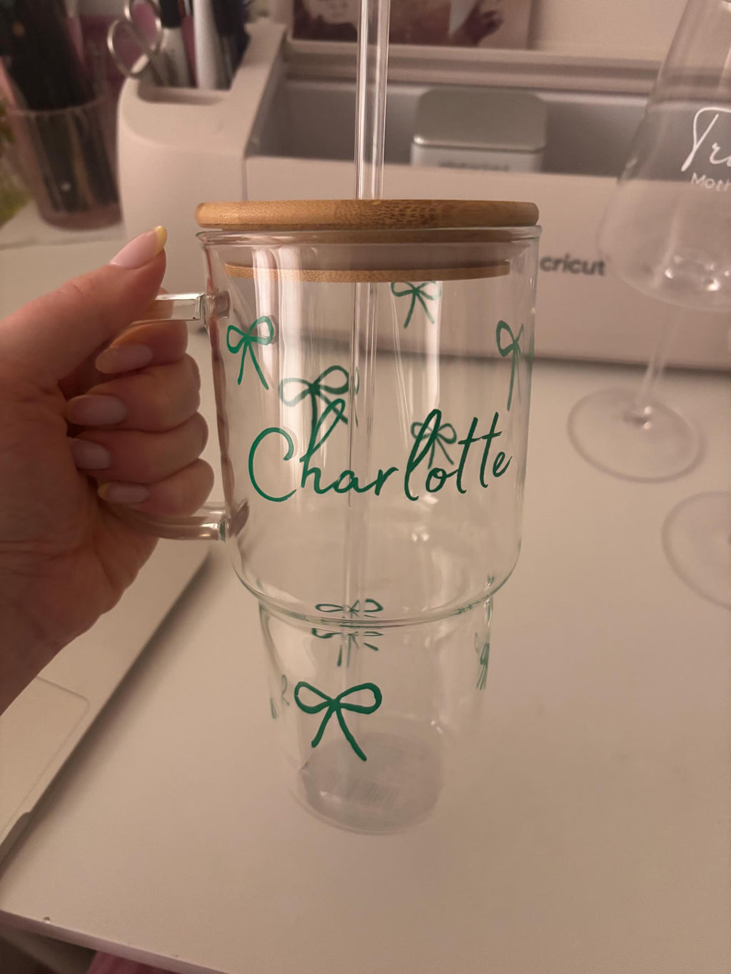 Personalised Glass Bow Tumbler with Bamboo Lid and Straw