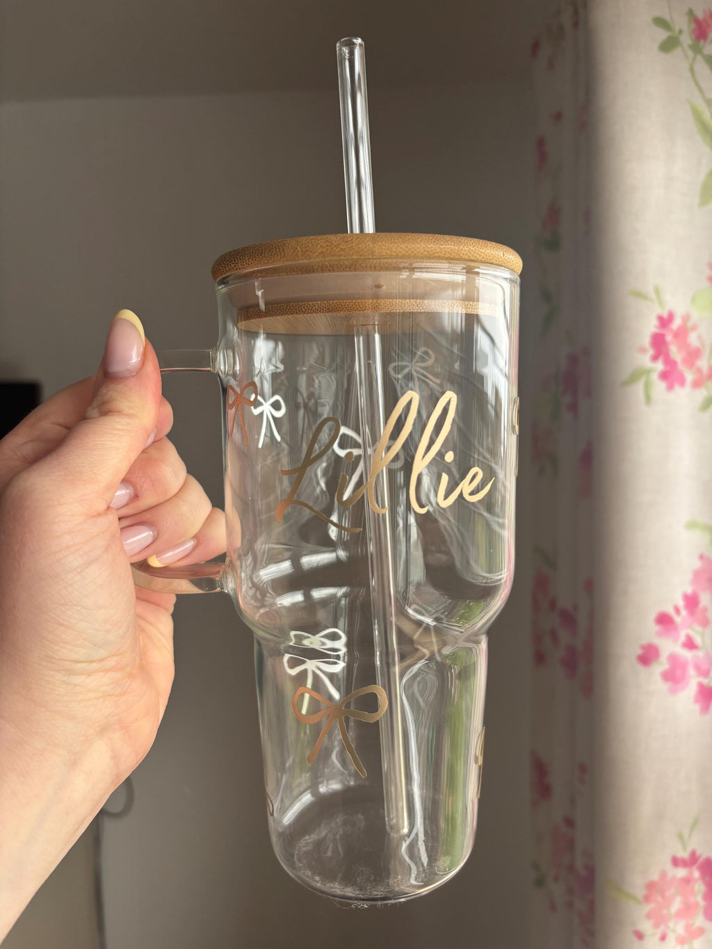 Personalised Glass Bow Tumbler with Bamboo Lid and Straw