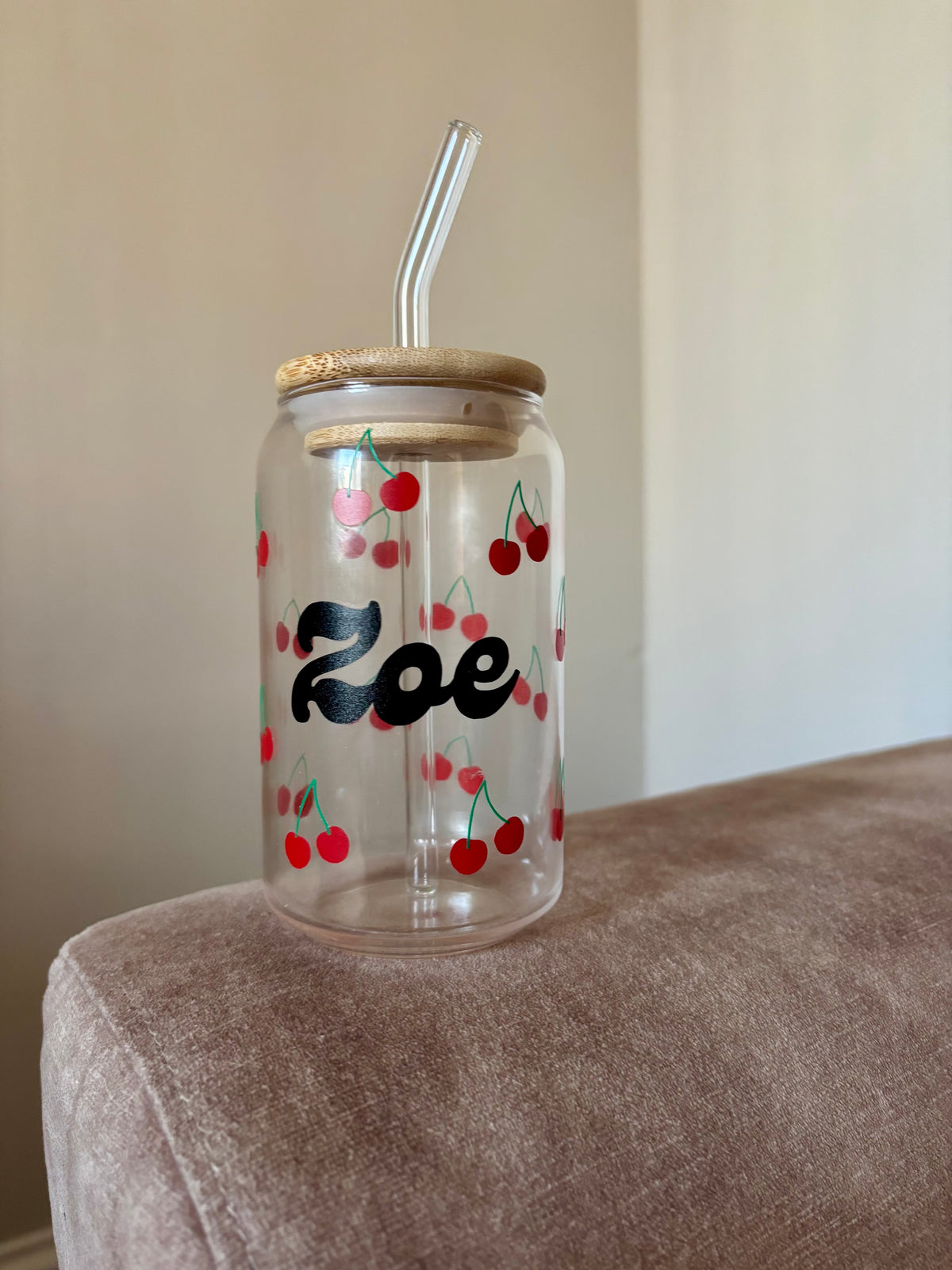 Personalised Cherry Glass Tumbler with straw