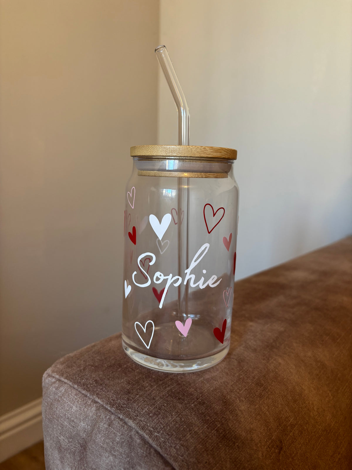 Personalised Pink Love Heart Can Glass Tumbler