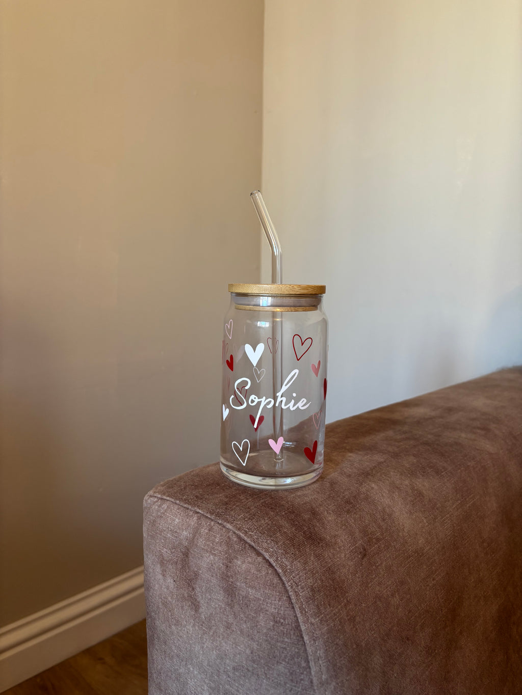 Personalised Pink Love Heart Can Glass Tumbler