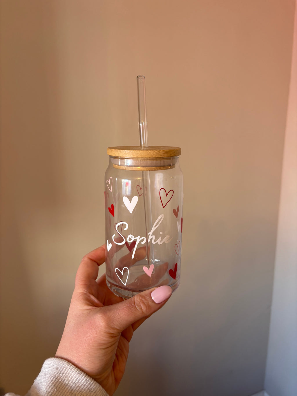 Personalised Pink Love Heart Can Glass Tumbler