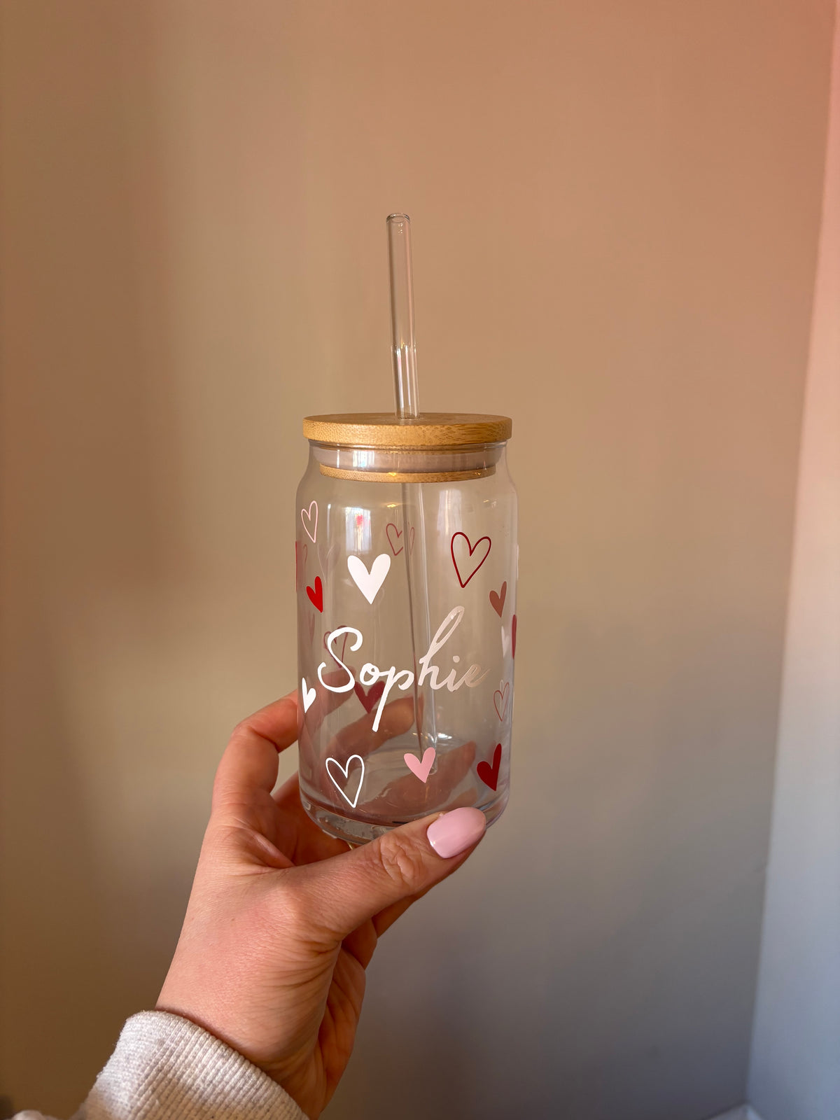 Personalised Pink Love Heart Can Glass Tumbler