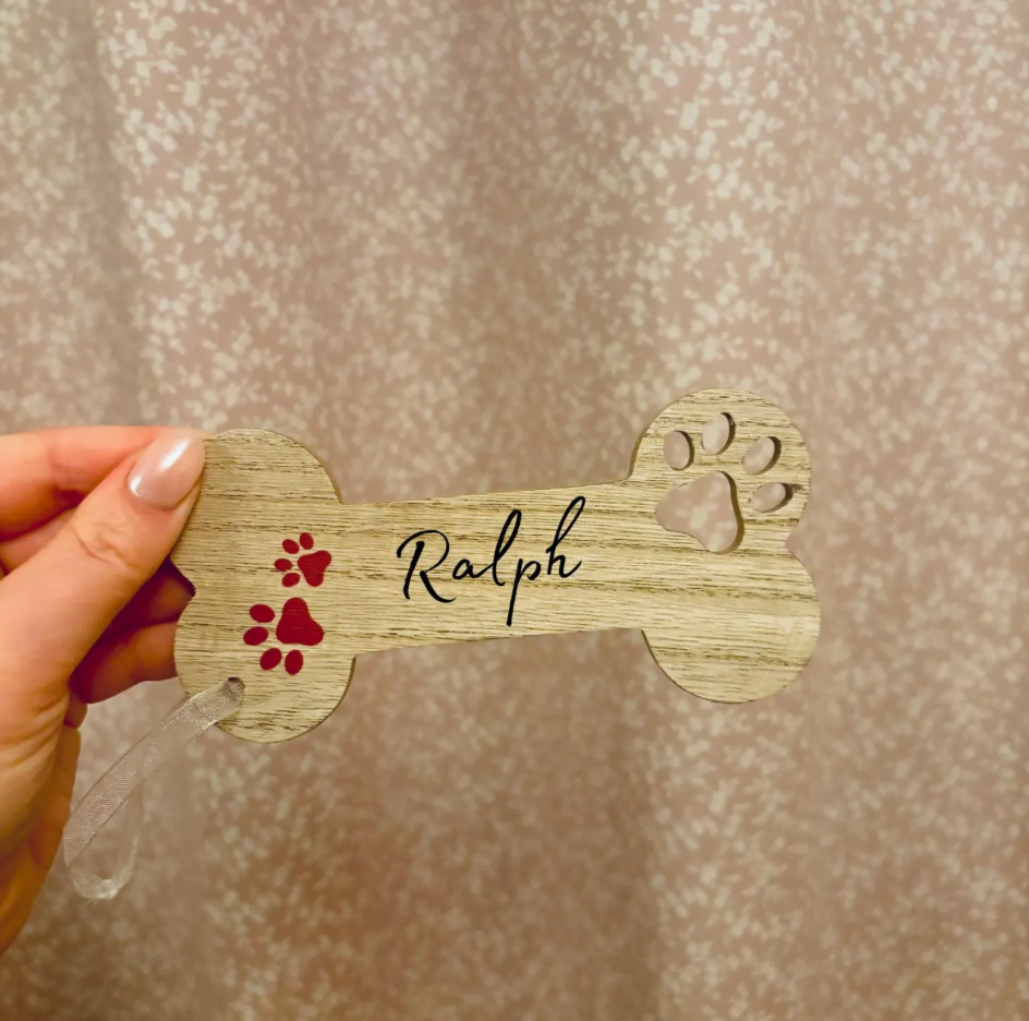 Personalised Wooden Dog bone Christmas Tree Decoration