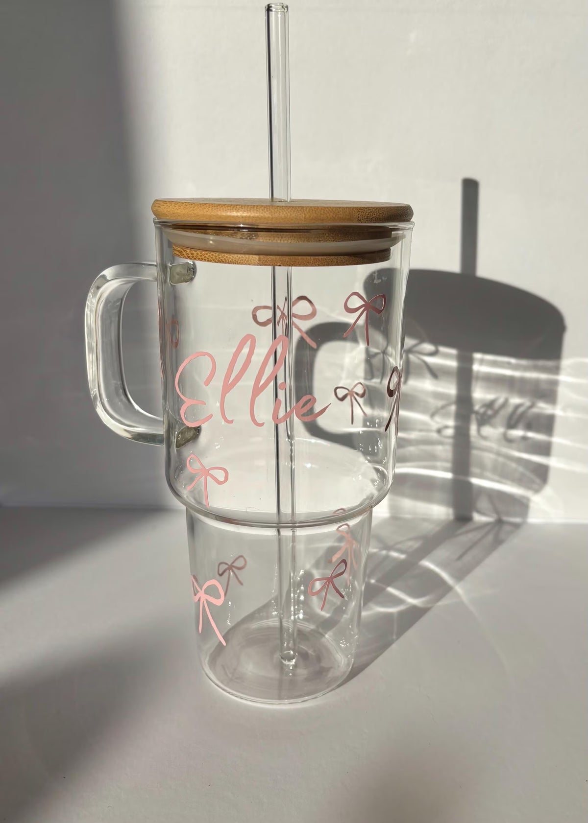 Personalised Glass Bow Tumbler with Bamboo Lid and Straw