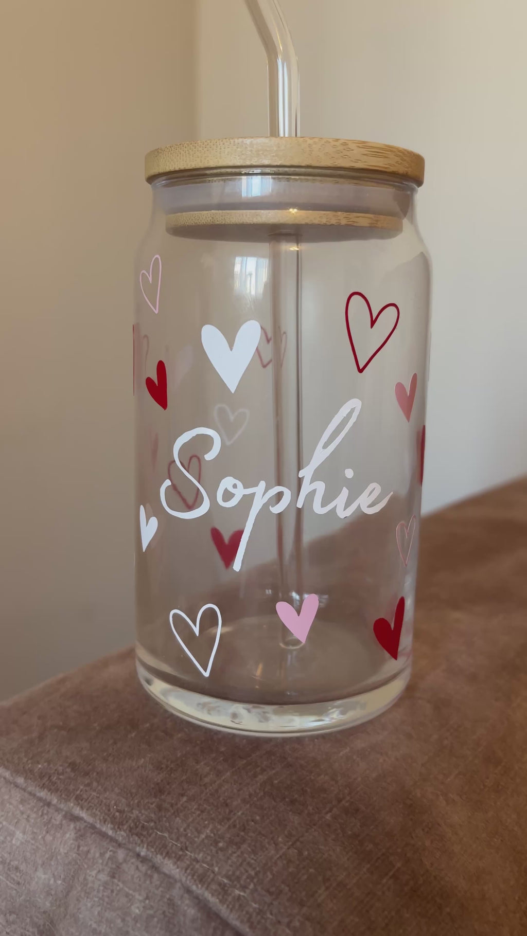 Personalised Pink Love Heart Can Glass Tumbler